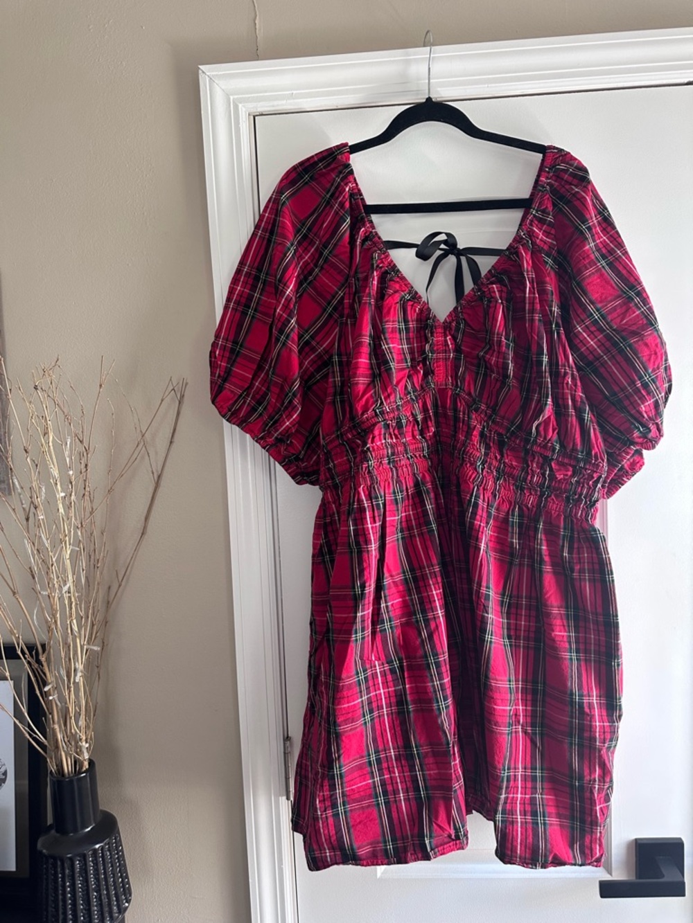 Red Plaid Puff Sleeve Mini Dress